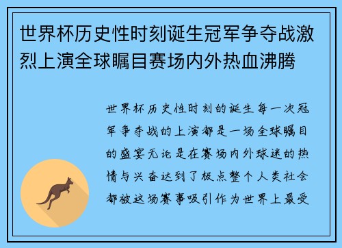 世界杯历史性时刻诞生冠军争夺战激烈上演全球瞩目赛场内外热血沸腾